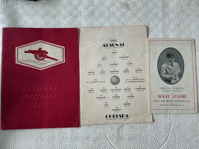 1932 Arsenal West Stand Highbury Opening Football Memorabilia: Stunning 16 page booklet with embossed Canon above the words Arsenal Football Club which has staples removed not rotted away. Also a programme holder for the match v Chelsea and a smaller booklet regarding the Prince of Wales attendance at this historical match. (3)