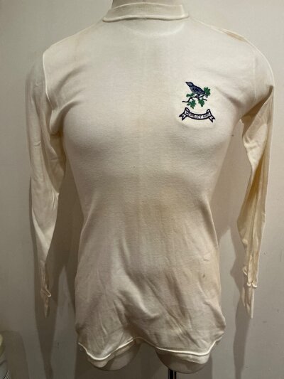 West Bromwich Albion Worn Cup Final Football Shirt: Worn by the ex WBA player Stuart Williams in his  role of team trainer at the final on 18 May 1968. Shirt appears unwashed with staining visible. Embroidered badge with club logo and Wembley 1968 detailed.