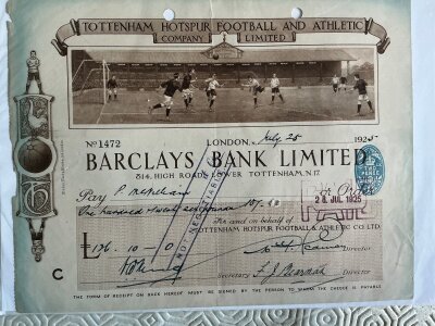 1925 Tottenham Cheque To Football Manager: Stunning pictorial cheque featuring a match scene at White Hart Lane made payable to manager Peter McWilliam.