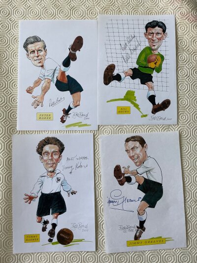 Tottenham Double Team Signed Football Caricatures: Produced by Bob Bond in 2001 and hand signed by Baker Brown Henry Norman Mackay Jones Smith Allen Dyson Medwin and Harmer. Additionally Greaves has signed one and unsigned are Nicholson White and Blanchflower. Excellent. (
