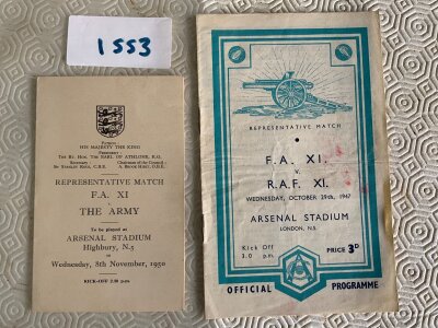 FA v The Army Football Memorabilia At Arsenal: 1947 programme for match played at Highbury plus an itinerary for match in 1950 for same fixture former property of Harry Clarke of Tottenham. (2)