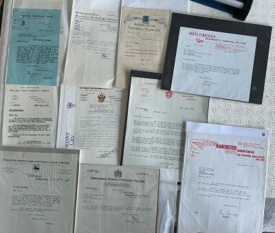 Football Club Letters: All on club headed paper for various reasons including scouting, date and time changes for fixtures and more. Includes Manchester United 1974, Middlesbrough 1979, Newcastle 1947, Preston 1937 which is from the club wanting a change of venue for the FA Cup semi final, Liverpool 1949, Aston Villa 1919, Wolves 1964, West Ham 1955, Huddersfield 1958 and Burnley 1947. Interesting lot. (10)