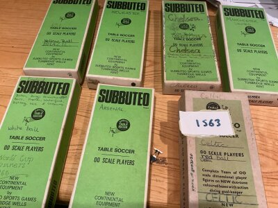 Subbuteo Football Team Collection: Seven boxed teams to include Brazil Newcastle Celtic Chelsea Manchester United England Arsenal. Boxes are written on but teams are complete (7)