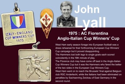 1975 West Ham Anglo Italian Cup Winners Cup Football Medal: Awarded to manager John Lyall. Silver medal in original box for playing Fiorentina. C/W a large pennant with gold braiding with the words Associazione Calcio Fiorentina, small plastic pennant and an enamel tie clip all given to John Lyall by opposing team. COA from the family.