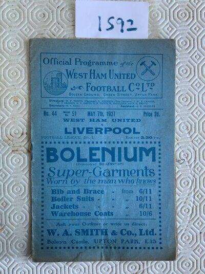 1926 - 1927 West Ham v Liverpool Football Programme: Good condition league match with team changes. Last match of season so final programme of this style before they went to 4 page sheets.