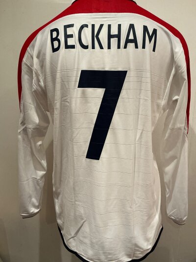 England Beckham Match Worn/ Issued Football Shirt: For the match in Durban v South Africa on 22 May 2003. England won 2-1.  Excellent condition long sleeve X large Umbro shirt with match details to front.