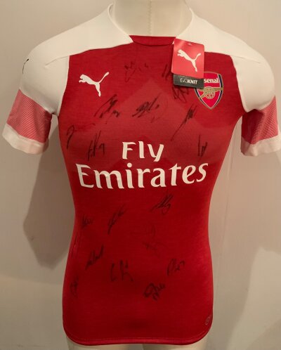 Arsenal 2018 - 2019 Signed Football Shirt: Red and White short sleeve shirt. Multi Signed to front by the team.
