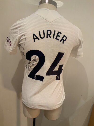 Tottenham 2021 - 2022 Signed Match Worn Aurier Football Shirt: White short sleeve shirt with Aurier 24 to rear Signed to rear by the player with a dedication