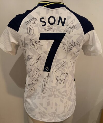 Tottenham 2020 - 2021 Multi Signed Son Football Shirt: White short sleeve shirt with Son 7 to rear Signed to rear by the squad
