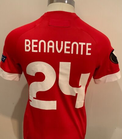 Antwerp 2020 - 2021 Match Worn Football Shirt: Europa League short sleeve red Shirt with number 24 Benavente to rear. Worn v Tottenham.