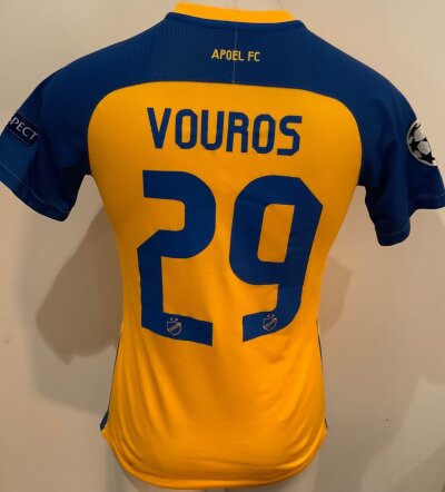 Apoel 2017 - 2018 Match Worn Football Shirt: Champions League short sleeve yellow and blue Shirt with number 29 Vouros to rear. Worn v Tottenham.