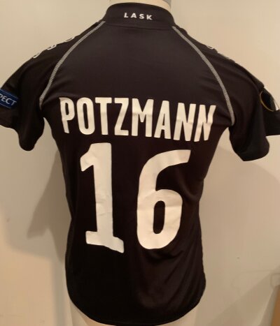 Lask 2020 - 2021 Match Worn Football Shirt: Europa League short sleeve black Shirt with number 16 Potzmann  to rear. Worn v Tottenham.