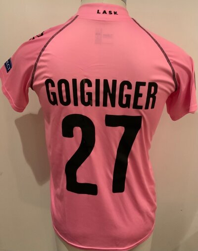 Lask 2020 - 2021 Match Worn Football Shirt: Europa League short sleeve pink Shirt with number 27 Goiginger to rear. Worn v Tottenham. Slight marking to G at rear.