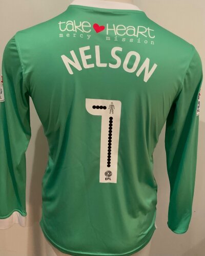 Gillingham 2016 - 2017 Match Worn Football Shirt: Green long sleeve Goalkeeper shirt. Number 1 Nelson to rear. Worn v Tottenham in the Carabao Cup