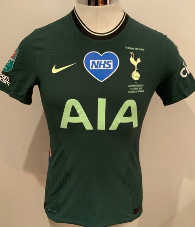 Tottenham 2020 - 2021 Match Prepared Football Shirt: Green short sleeve  shirt. With no number to rear. Prepared for the 2021 Carabao Cup final.