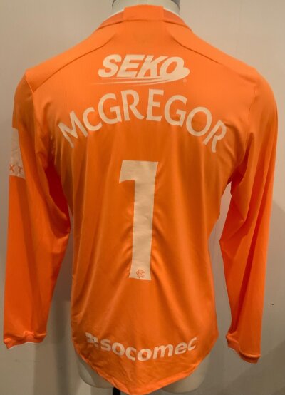 Glasgow Rangers 2022 - 2023 Match Worn Football Shirt: Orange long sleeve Goalkeeper shirt. Number 1 McGregor to rear. Match Worn v Tottenham pre season.