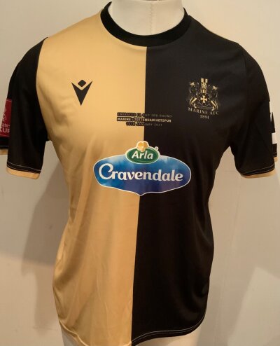 Marine 2020 - 2021 Match Prepared Football Shirt: Yellow and black short sleeve shirt. Match prepared v Tottenham in the FA Cup on 10 January 2021