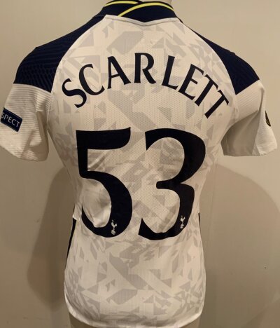 Tottenham 2021 - 2021 Match Prepared Football Shirt: White short sleeve shirt. Number 53 Scarlett to rear. Bench worn in the Europa League