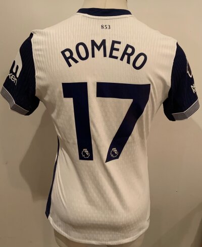 Tottenham 2024 - 2025 Match Worn Football Shirt: White short sleeve shirt. Number 17 Romero to rear. Match Worn in the Premier League