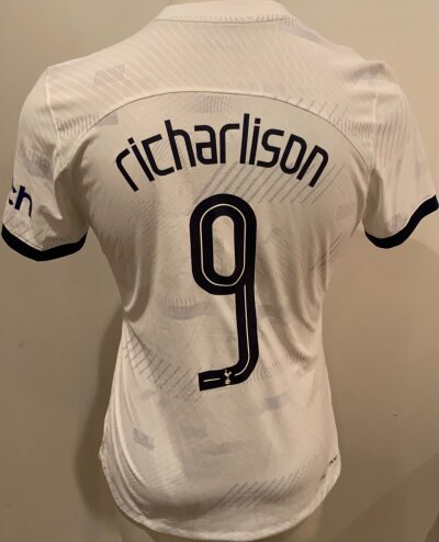 Tottenham 2023 - 2024 Match Prepared Football Shirt: White short sleeve shirt. Number 9 Richarlison to rear. Match prepared for the Ukraine charity match v Shakhtar Donetsk.