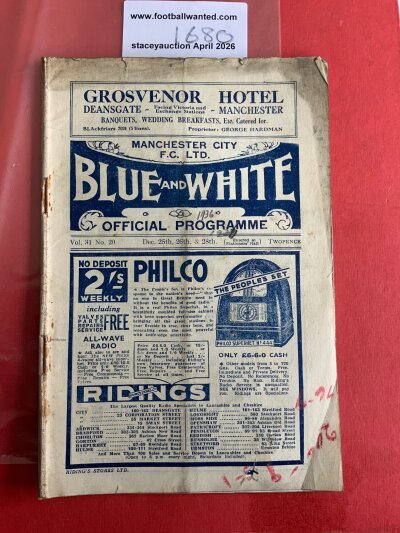 36/37 Manchester City (Champions) v Middlesbrough Football Programme: Fair condition league match with pencilled team changes. Red pen to cover, few small tears to border and rusty staples holding firm.