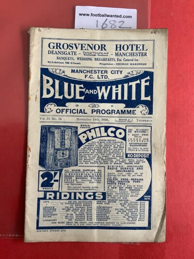 36/37 Manchester City (Champions) v Everton Football Programme: Poor condition league match with pencilled scorers noted. Two back pages have paper loss.