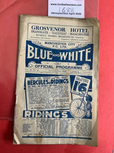 37/38 Manchester City v Bury Football Programme: Poor/fair condition fa cup match with no team changes. Pencilled writing inside. Tear on spine and centre page.