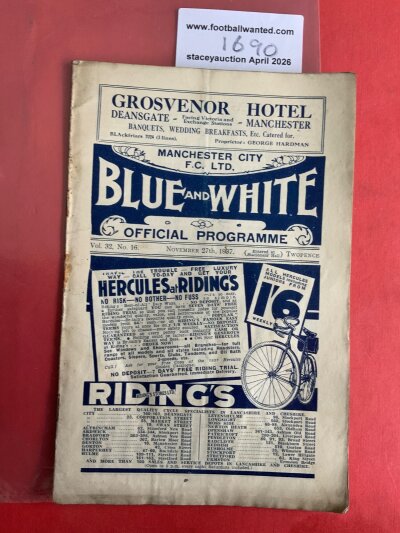 37/38 Manchester City v Grimsby Football Programme: Fair/good condition league match with no team changes. Pencilled score and scorers noted inside.