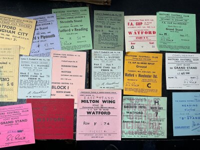 Watford Football Ticket Collection: Superb home and away collection not to be missed. Includes 49/50 Preston FA Cup, 59/60 x 5 FA Cup at Cheltenham Southampton Sheffield United and home to Birmingham, 60/61 Brentford FA Cup replay, Rotherham away, 61/62 x 5 inc away Torquay, Romford FA Cup, 62/63 inc QPR at White City, 63/64 x 10, 66/67 x 11 inc FA Cup v Liverpool home and away, Southend, 68/69 x 12 inc Man Utd FA Cup home and away and Luton away LC, 69/70 x 24 inc Liverpool LC, 70/71 x 20. (est 180). C/W 5 membership cards from 50/51 to 55/56 lacking 52/53. Excellent. 
,