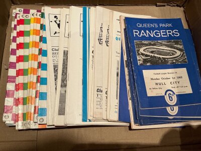 Football Programme Box: Around 50 QPR homes from the 60s, hand made binder stating Manchester City 87-88 Aways which could be complete, bound volume of Notts Forest homes from 82/83 and a couple of Manchester United away programmes at 76/77 Ajax and Juventus. Instructions to sell.