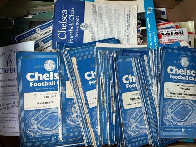 Chelsea Football Programmes + Tickets: Large box containing over 200 programmes with nearly half aways with many friendlies the earliest 49/50 up to quite modern. Additionally there are 46 tickets. Mixed conditions.