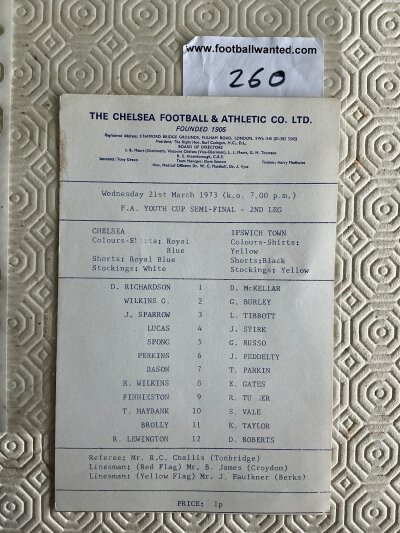 72/73 Chelsea v Ipswich Town Youth Cup Football Programme: Small single card for Youth Cup semi final match dated 21 3 1973 in excellent condition with no writing.