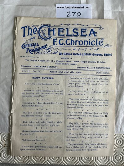 1906 - 1907 Chelsea v Stockport County Football Programme: Excellent condition 8 page ex bound programme with no team changes. Chelsea were promoted this season which was their second season in the league. Doubles up as Woolwich Arsenal London League.