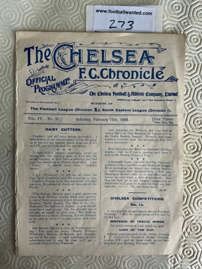 1908 - 1909 Chelsea Reserves v Southend United Football Programme: Excellent condition 4 page ex bound programme with no team changes for South Eastern League match.