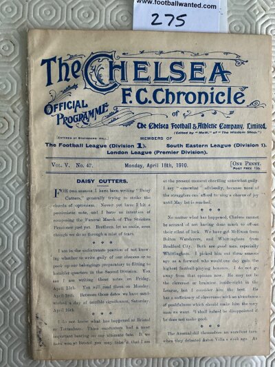 1909 - 1910 Chelsea Reserves v West Ham Football Programme: Excellent condition 4 page ex bound programme with no team changes for the London League match.