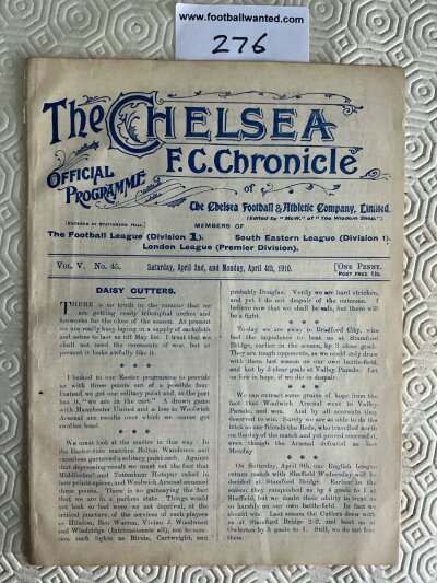1909 - 1910 Chelsea Reserves v QPR + Cup Final Football Programme: Excellent condition 4 page ex bound programme with no team changes for London League match v QPR which doubles up as Brighton v Watford Southern Charity Cup Final. (1)