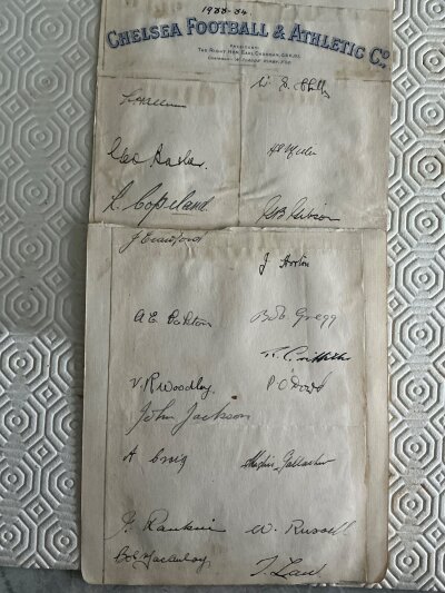 Chelsea 33/34 Football Autographs: 20 autographs from page stuck down with original Sunday Post picture of the team. Autographs identified on separate paper.