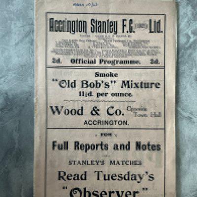 1922 - 1923 Accrington Stanley v Tranmere Football Programme: Good condition with date written to top border. Staple removed. No team changes. 