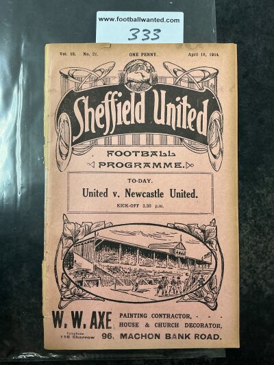 1913 - 1914 Sheffield United v Newcastle Utd Football Programme: Excellent condition ex bound with no team changes. 16 page first team league match.