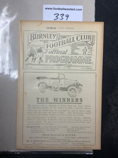 1923 - 1924 Burnley v Newcastle Football Programme: Excellent condition ex bound with no team changes for league match.