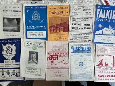 Scottish Football Programmes: From 1958 to 1962 to include homes of Third Lanark, Stirling Albion, Celtic, Queen of the South, Falkirk, Partick, Motherwell, Kilmarnock plus a few Internationals. Good. (14)