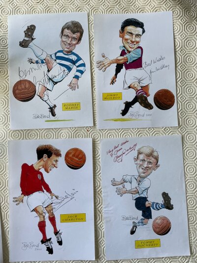Signed Football Caricatures: Produced by Bob Bond and hand signed without dedication by player. From Manchester United are Foulkes Sadler Stepney, Blackpool Ball Brown Perry Matthews plus Lofthouse J  Charlton England, Reilly Celtic, McPartland N Ireland, Marsh QPR, Tommy Docherty and Jimmy McIlroy. (14)