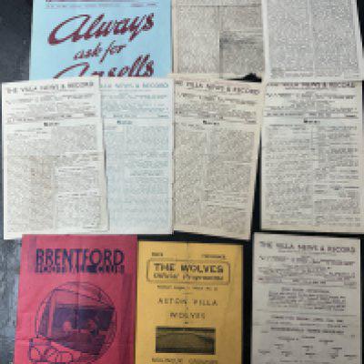 Aston Villa Football Programmes: Includes homes v 31/32 Blackpool reserves, 43/44 Stoke, 44/45 Coventry, Leicester, Birmingham, Stoke, 45/46 Coventry, Birmingham. Aways at 45/46 Wolves + 35/36 Brentford. Mainly good. (10)