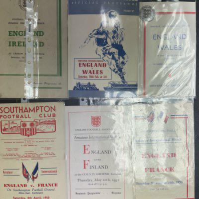 England Amateur International Football Programmes: Includes 1949 v Ireland at Norwich, Wales at Swindon, 1950 France at Southampton, 1951 Finland at Swindon, 1953 France at Luton. Lots more to include a few Semi Professional. Excellent with instructions to sell. (51)