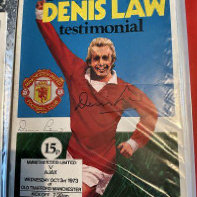 Manchester United Testimonial Football Programmes: Folder contains programmes of testimonials for Albiston Robson Ferdinand Buchan Macari Stepney Crerand Charlton Dunne Oakes McIlroy Moran Pardoe and an hand signed Denis Law. Instructions to sell. (15)