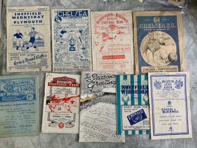 1940s + 1950s Football Programmes: 44/45 Sheffield Wednesday v Barnsley, 46/47 Chelsea v Arsenal, 47/48 Southampton v Leicester, Sheffield Wednesday v Plymouth, 48/49 Millwall v Bournemouth, Chelsea v Portsmouth, 49/50 Liverpool v Newcastle, Bournemouth v Southend, Preston aways include 46/47 Sheffield United, 47/48 Burnley, 48/49 Newcastle, Bolton aways include 49/50 Everton, 53/54 Man City, 55/56 Newcastle. Very good. (18)