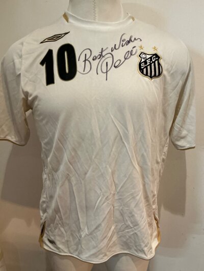 Pele Signed Santos Football Shirt: Number 10 replica Santos shirt hand signed to front Best Wishes Pele.