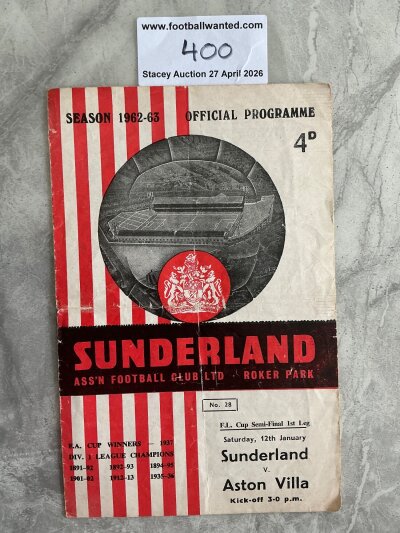 1963 League Cup Final Semi Final Football Programme: Sunderland v Aston Villa dated 12 1 1963. Number written to back page and folding. No team changes.