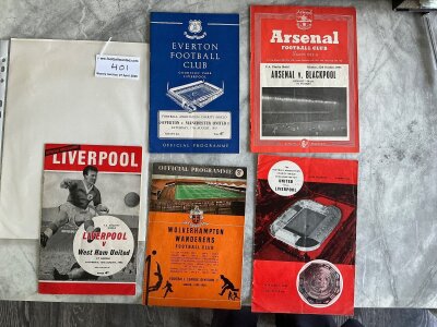 Charity Shield Football Programmes: 1953 Arsenal v Blackpool, 1964 Liverpool v West Ham, 1960 Wolves v Notts Forest all very good plus 1965 Man Utd v Liverpool fold + 1963 Everton v Man Utd sof. (5)