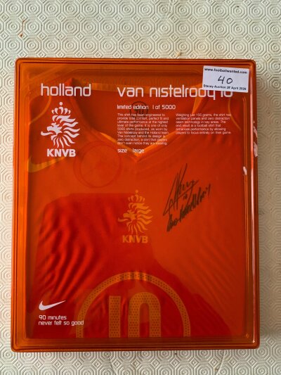 Holland Boxed Signed Van Nistelrooy Football Shirt: Orange Nike name and number large home shirt in orange Perspex see through case exposing the number 10 shirt with clear hand signed autograph. Case states that this limited edition shirt only weighs 155 grammes. Nice item from the Netherlands and Manchester United legend.